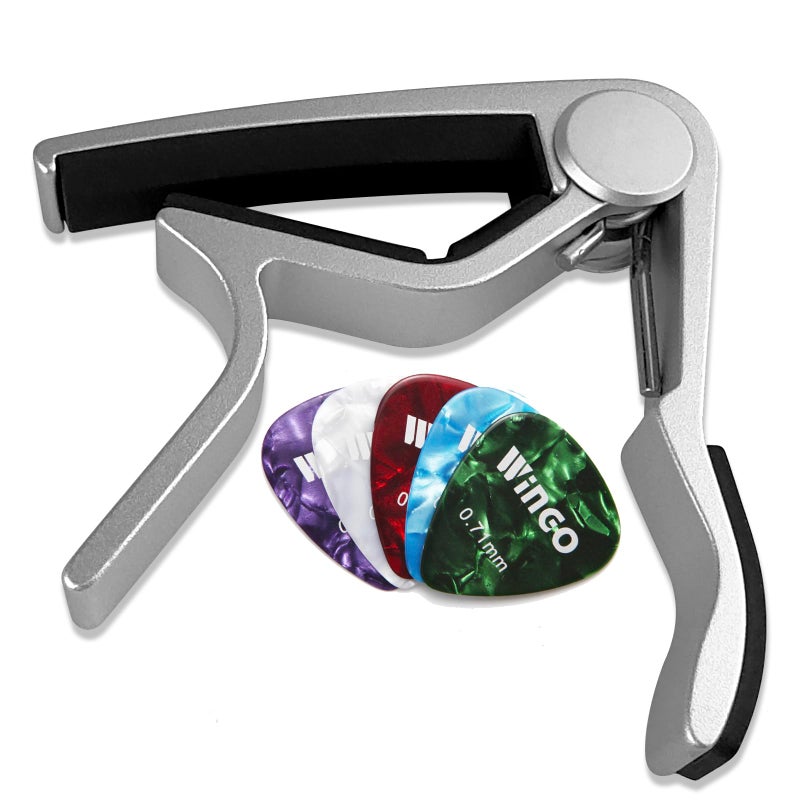 Wingo كابو ونجو لآلات الجيتار الصوتية والكهربائية ذات 6 أوتار مع 5 ريش مجانية، فضي - Image 4